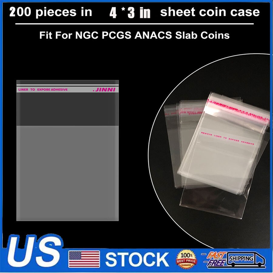 200 Coin Slab Protective Sleeves (10 cmx 7cm) Self adhesive for PCGS NGC B595