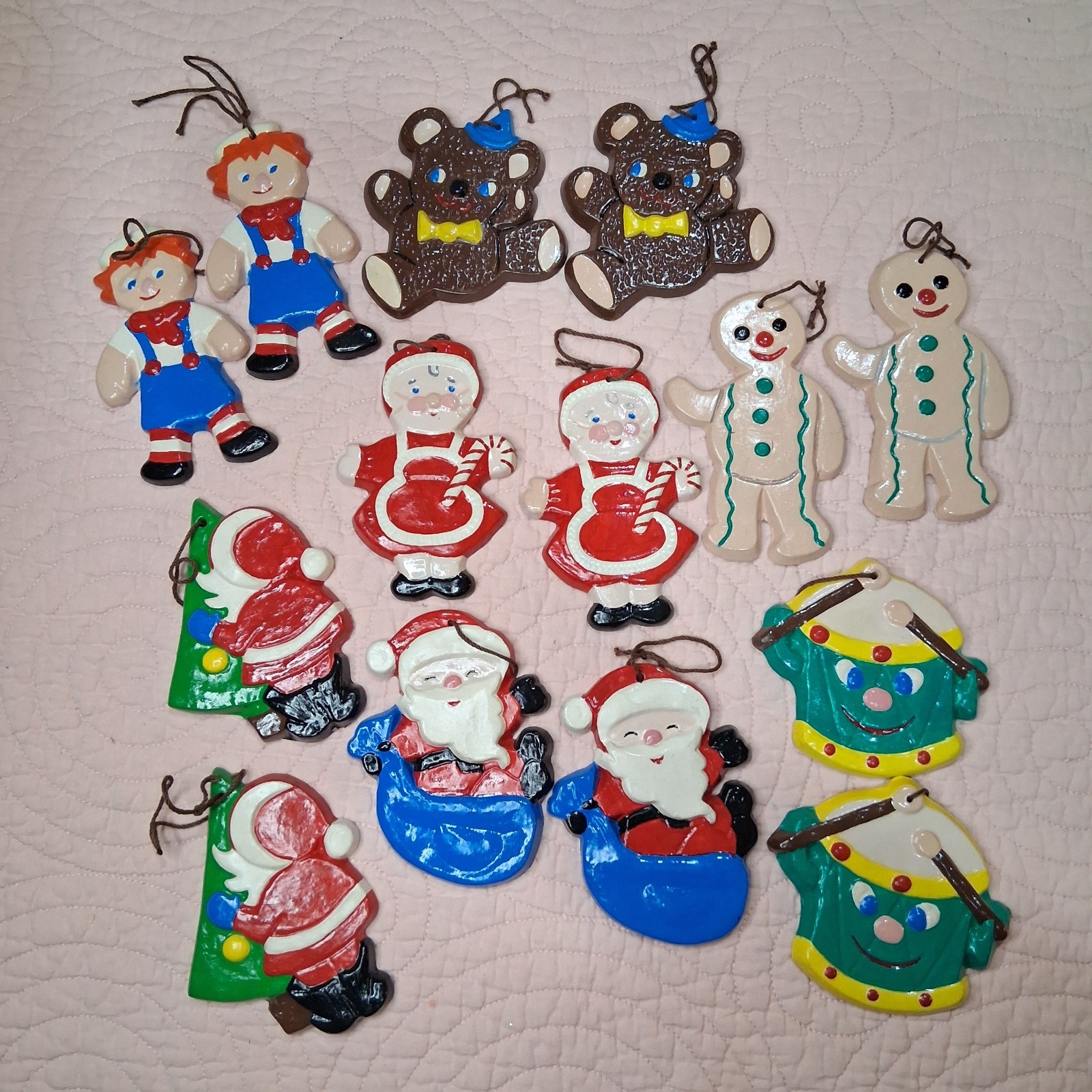 Vintage Set of 14 Christmas Tree Ornaments Hand Painted Ceramic Flat Santa Drum 