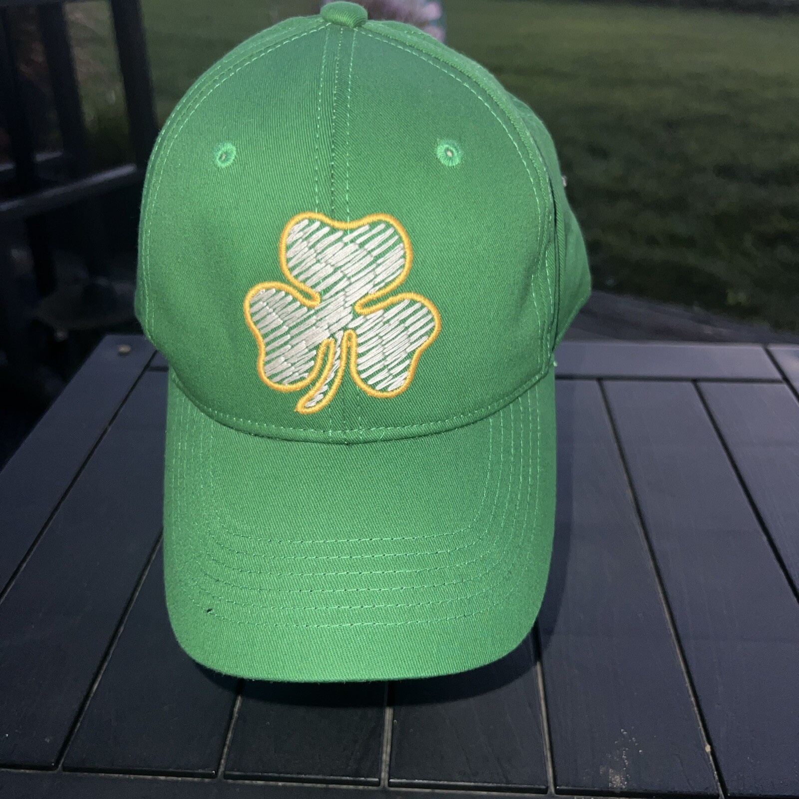 Shamrock White Outlined in Yellow on Green Hat Cap Hook Loop Outdoor Cap EUC