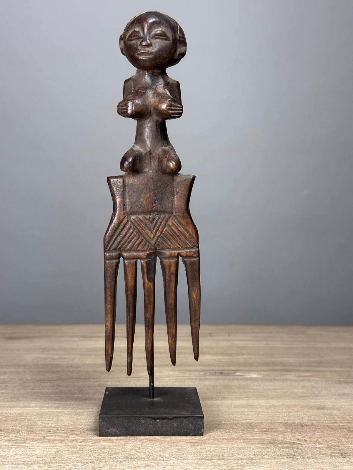 Antique Luba Ritual Comb Female Figure Carved Wood Base 1950 Folk Art