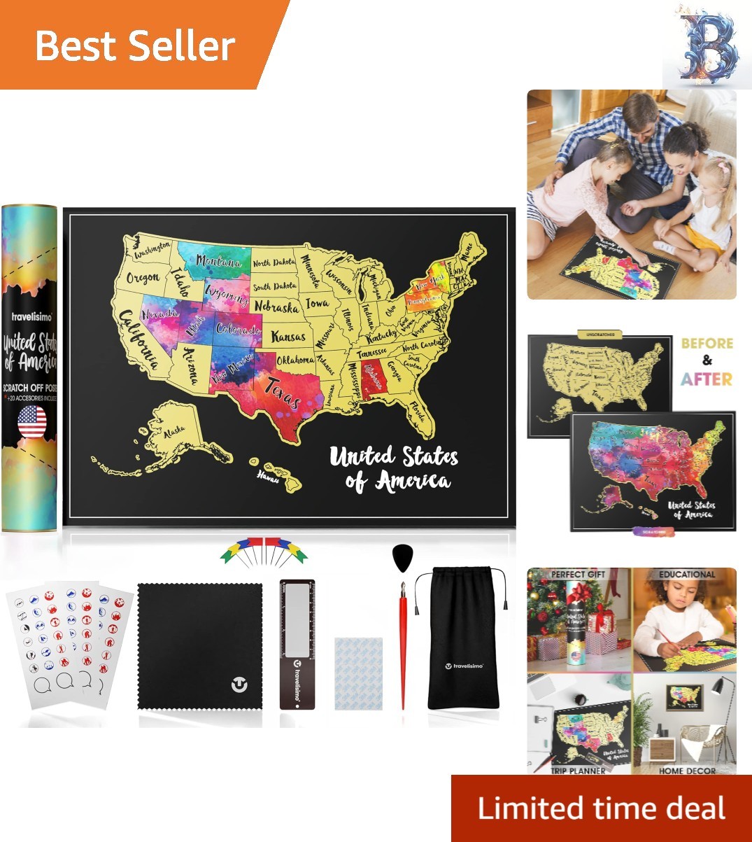 Colorful 12x17 Inch Scratch Off Map of USA - Perfect for Couples' Adventures