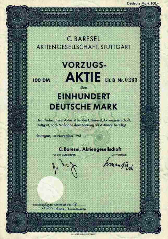 C. Baresel AG Stuttgart 1961 Tübingen Ulm Leinfelden 100 DM EF Grasbrunn coupons