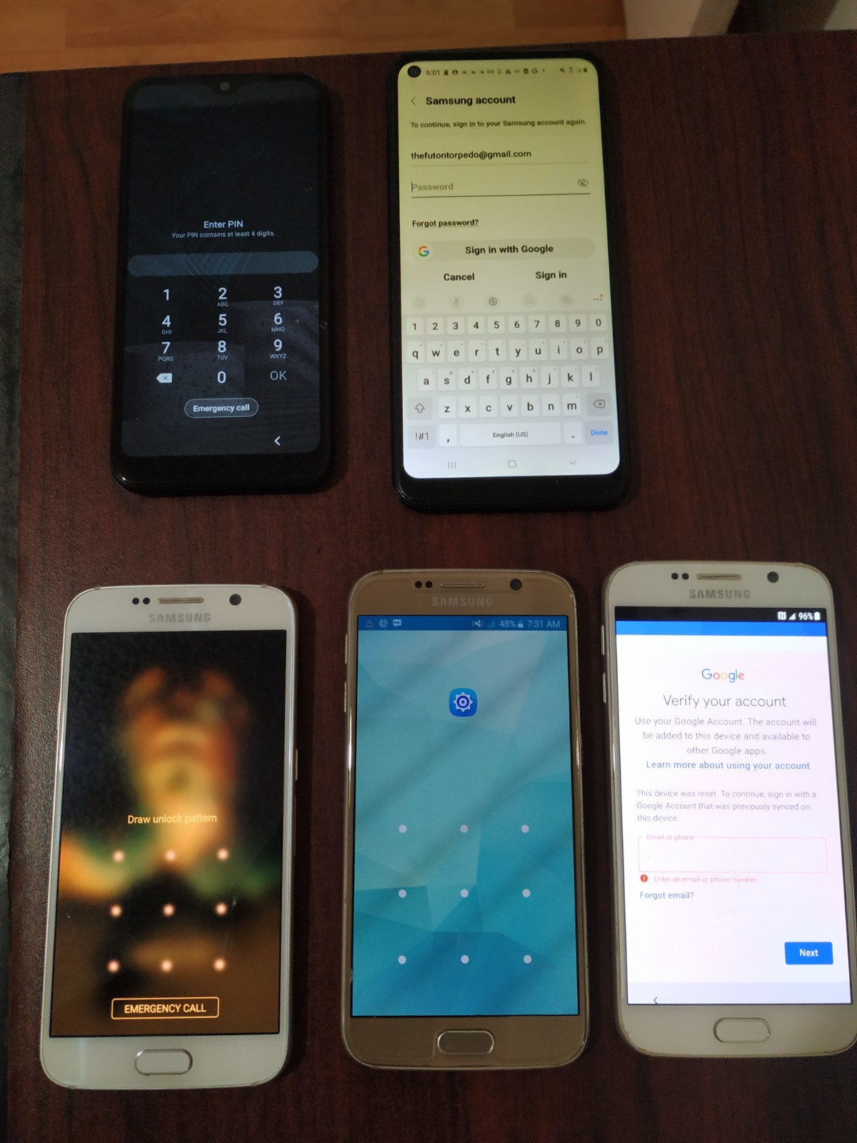 Lot of 5 Samsung Galaxy A11 ( 1 ) / A01 ( 1 ) /S6 (3 ) 32GB for parts