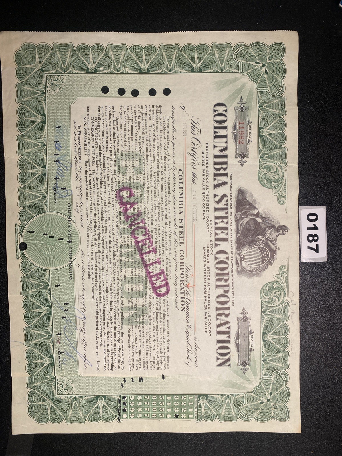 COLUMBIA STEEL CORPORATION Stock Certificate 1928 0187