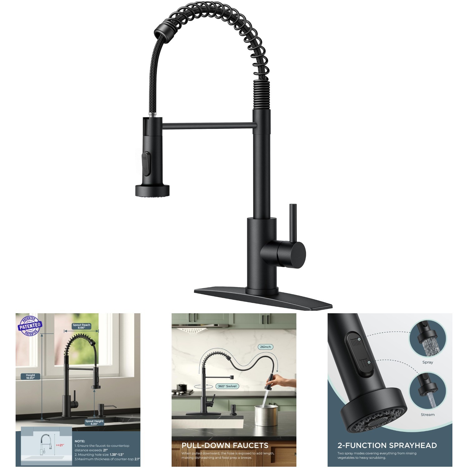 Stainless Steel Kitchen Faucet Pull Down Sprayer Classic Single Handle Black Pot