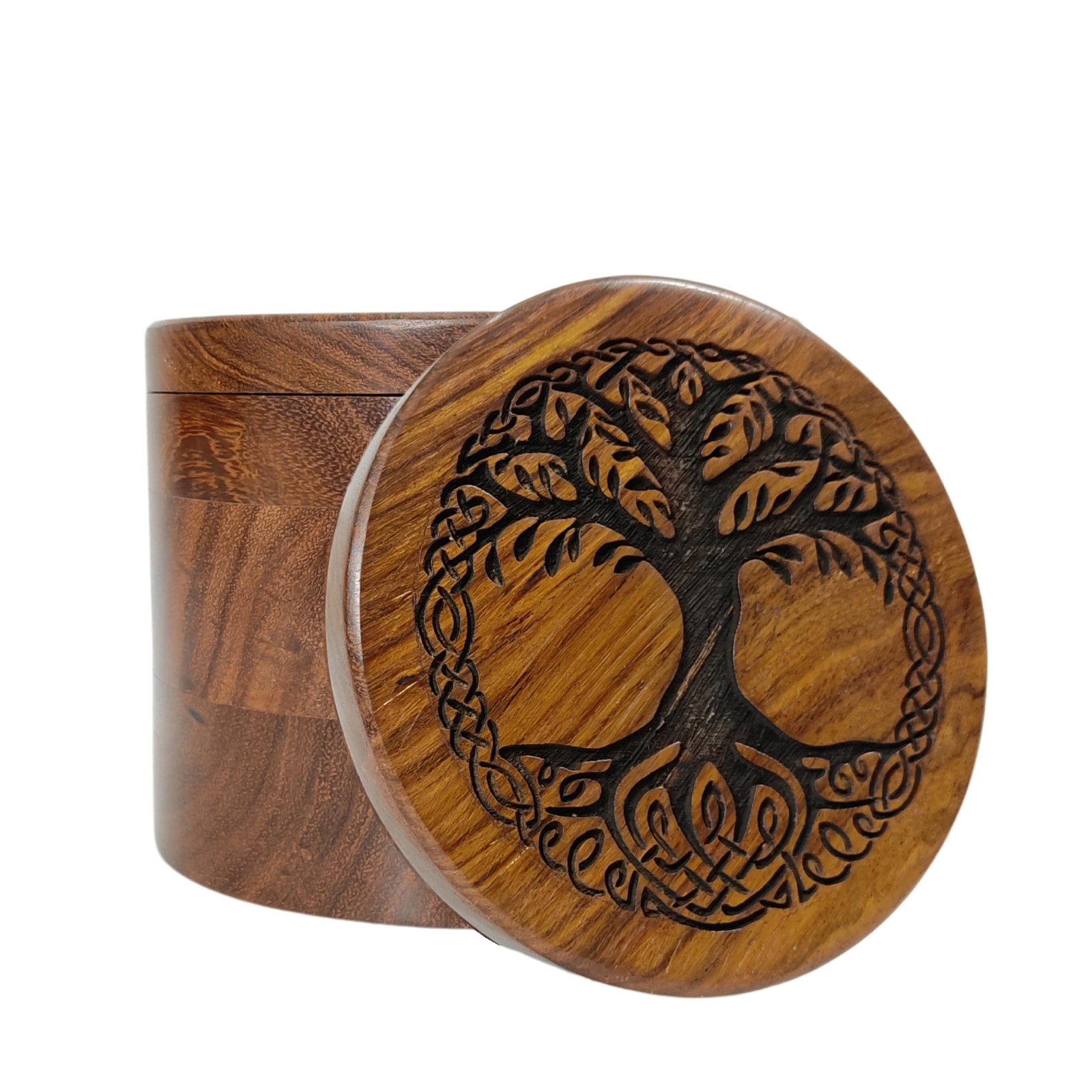Wooden Urn for Human Ashes Round Shape-Beautiful Tree of Life Engraved-Wooden...