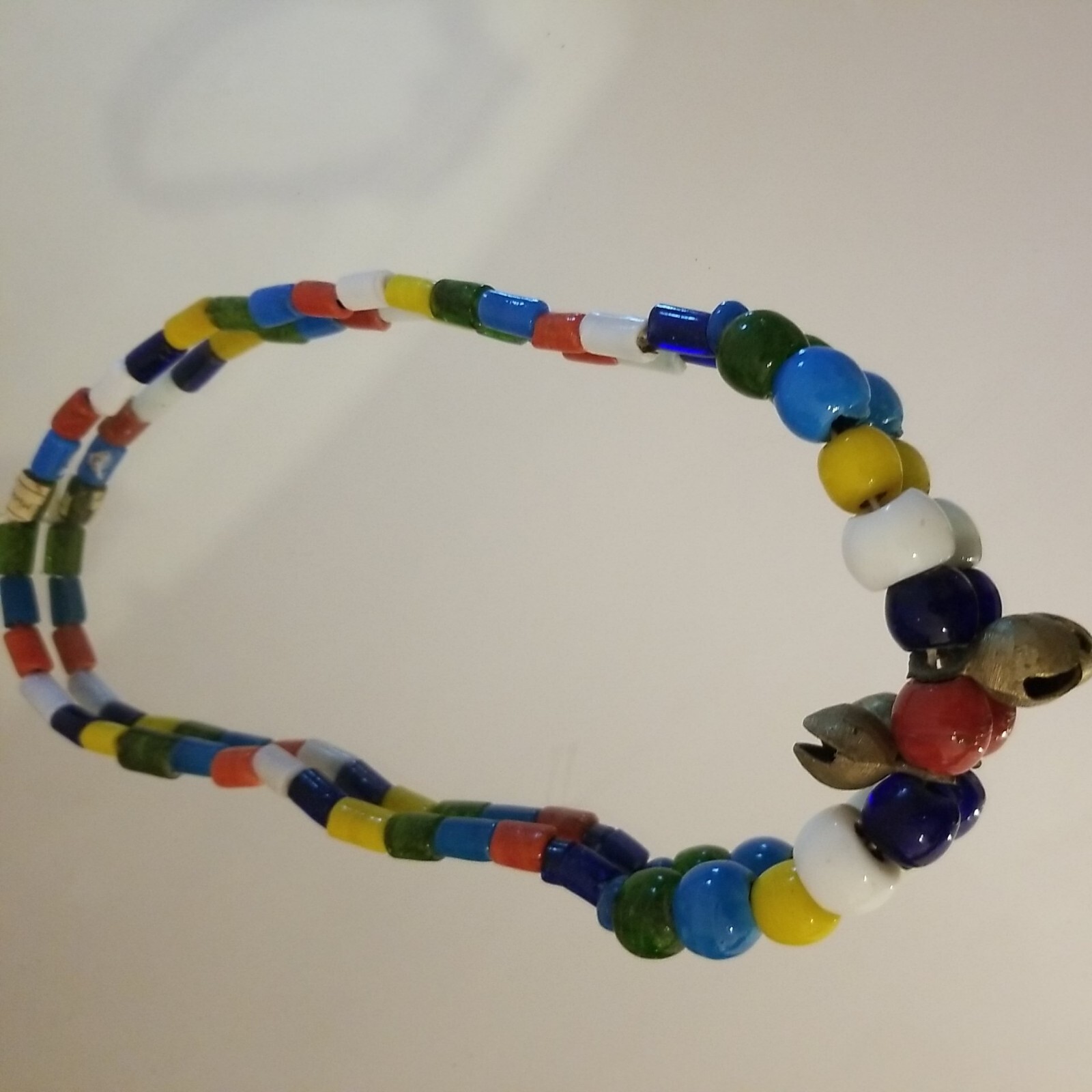Native colorful primitive trade beads necklace with bells 22"