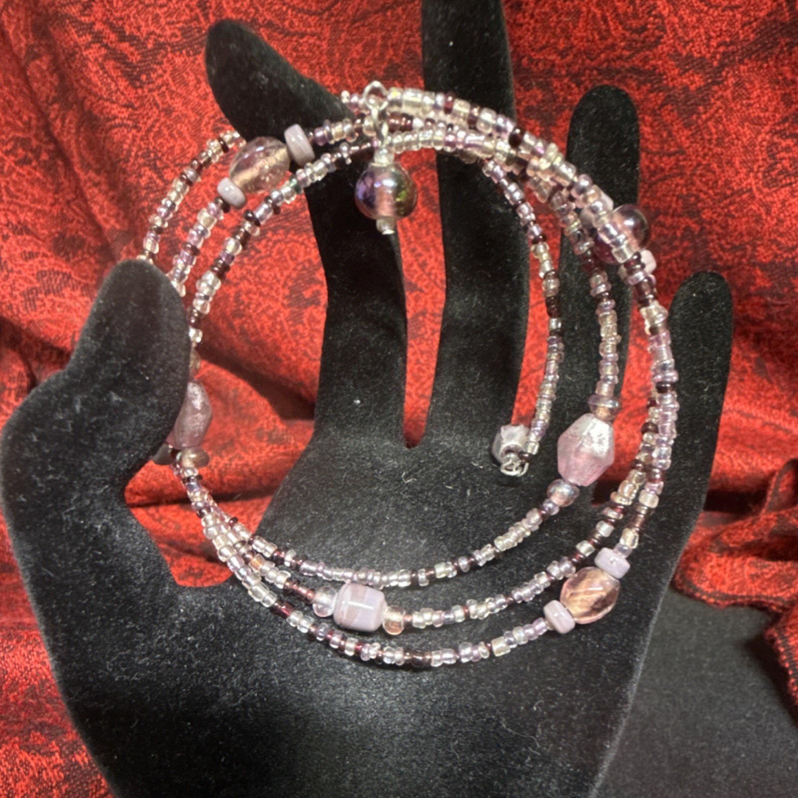 Pink Purple Glass Beaded Wrap Bracelet Adjustable Wire with Dangle Charms