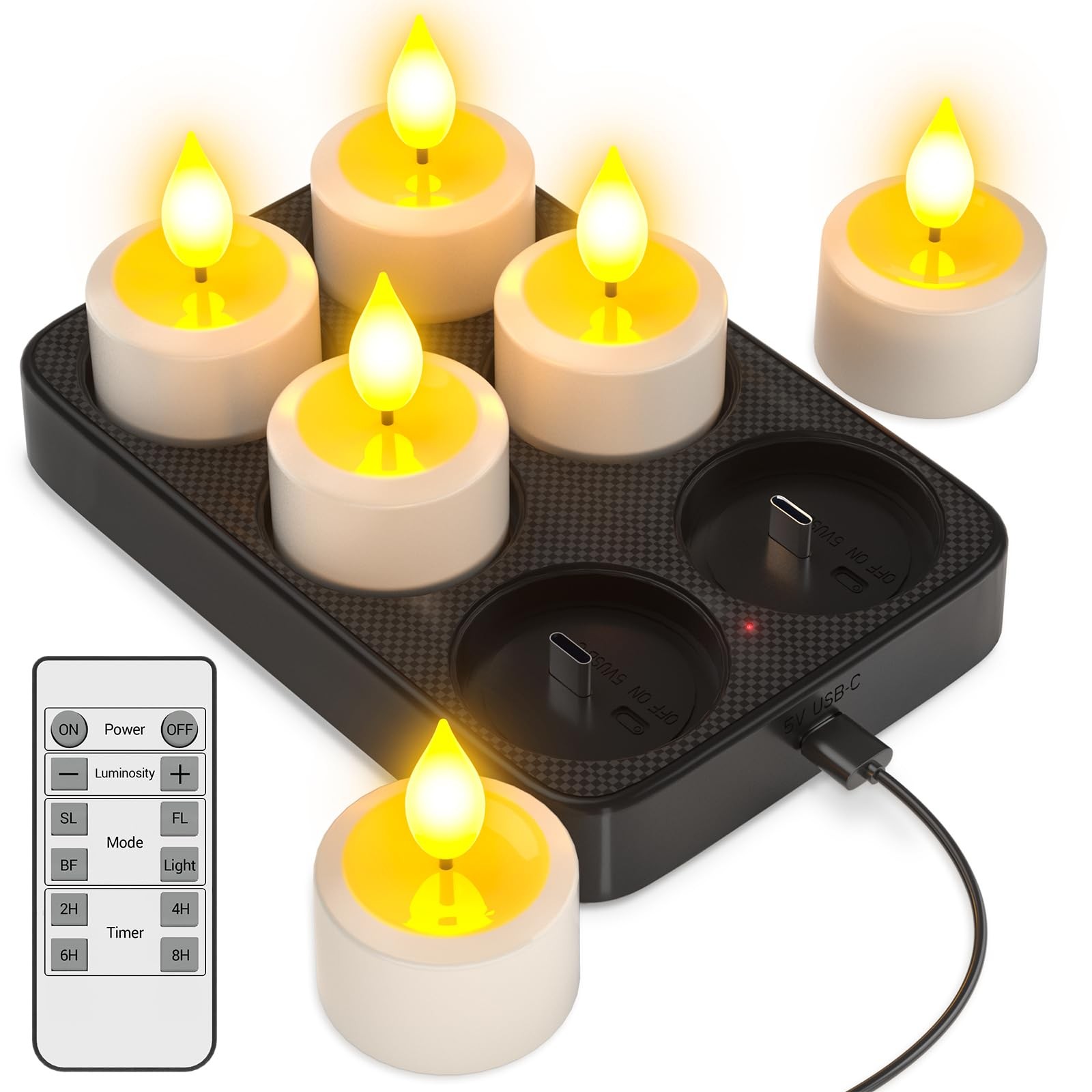Rechargeable Flameless Candles with Remote Timer & Charging Base, 6 Pack Batt...