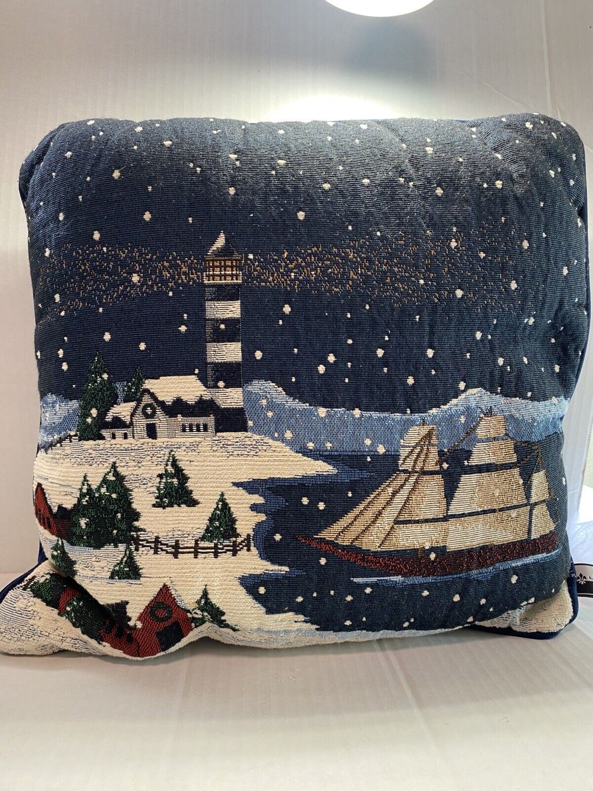 Lighthouse Clipper Ship Nautical Tapestry Throw Pillow Winter Snow Scene 16”
