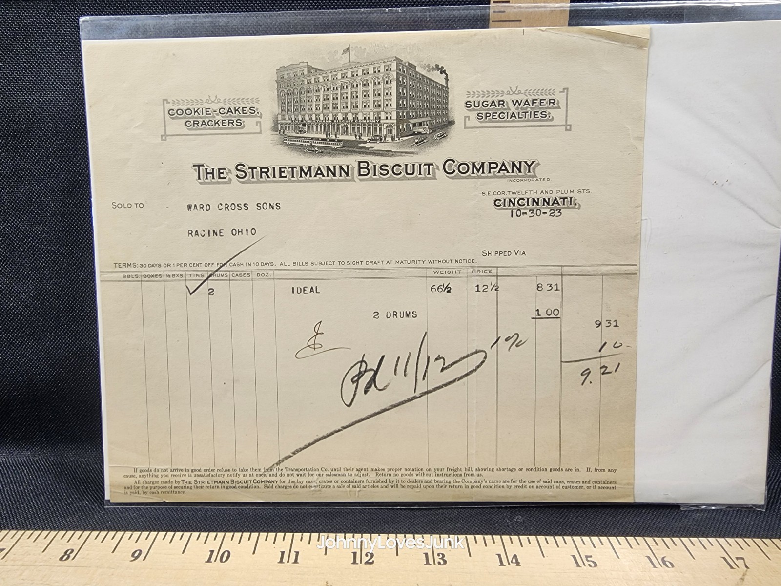 Antique 1923 Letter/Bill Head Ephemera Strietmann Biscuit Company Cincinnati OH