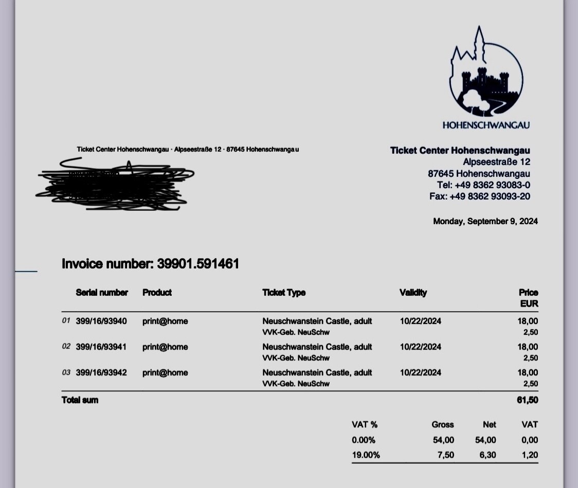 neuschwanstein castle entrance three tickets  Oct 22, 2024