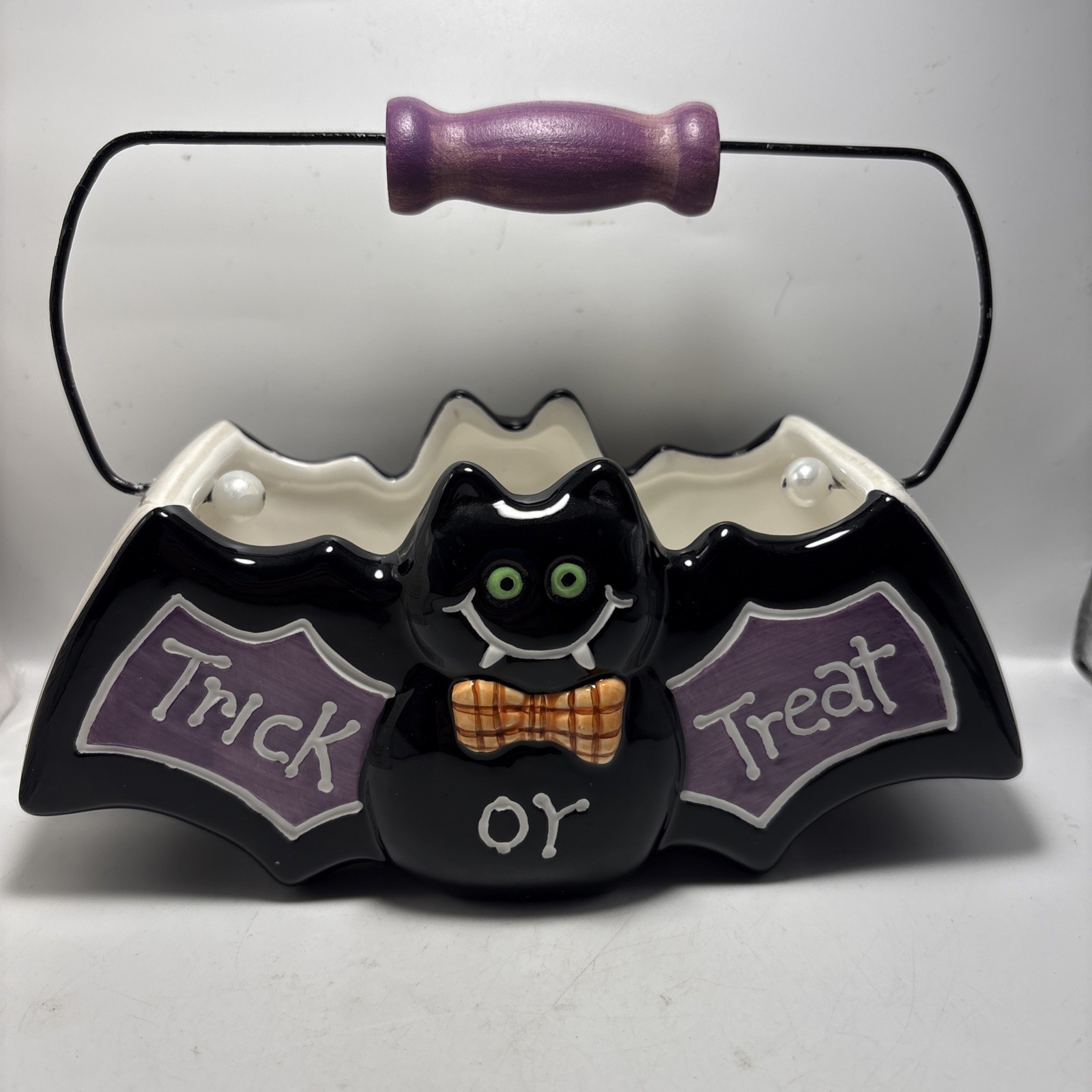 Halloween Bat Trick or Treat Ceramic Candy Dish Wood, Wire Handle Palm Tree Co