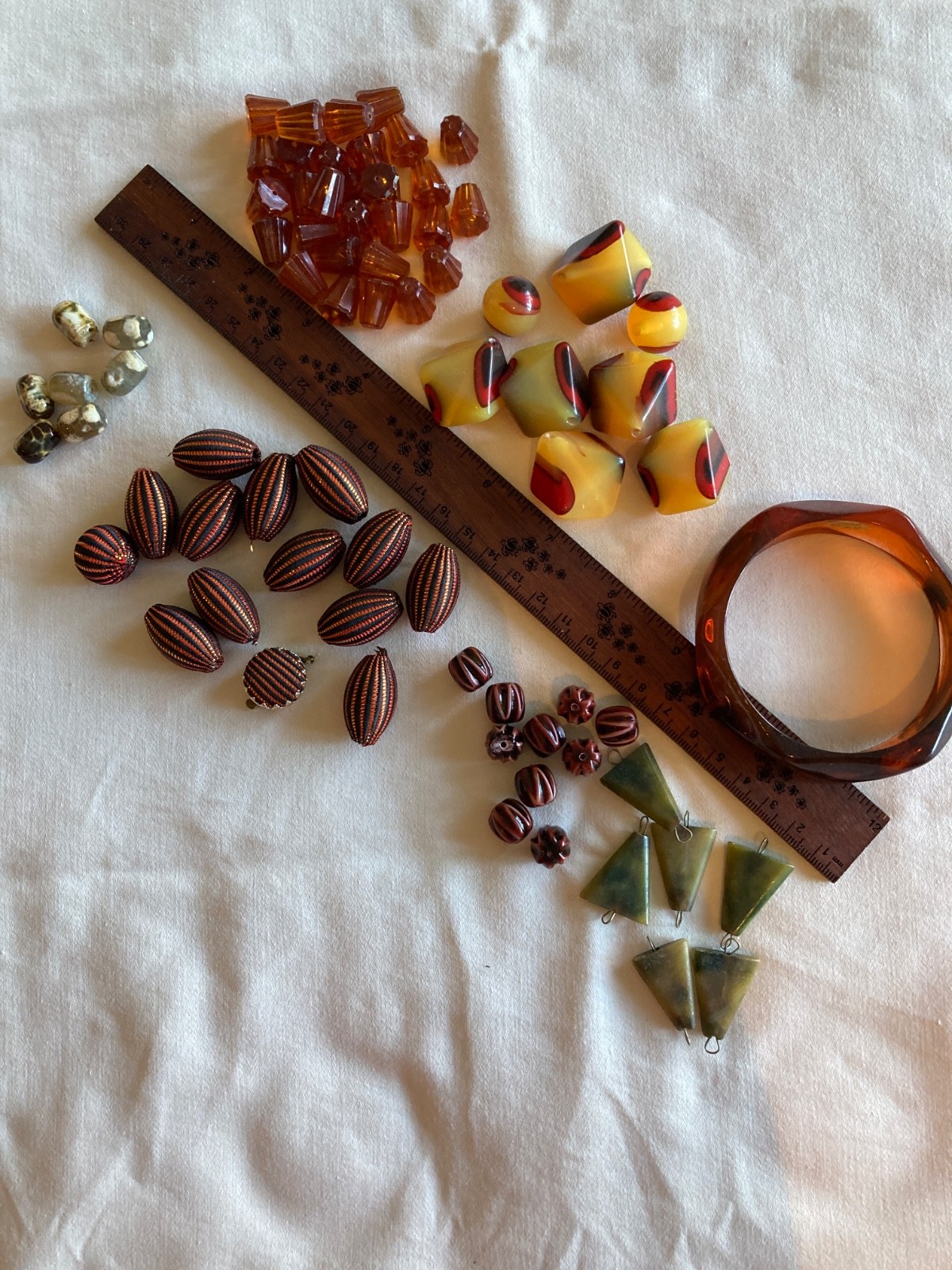 Vintage bead lot, geometric lucite beads, woven striped beads, pkg I