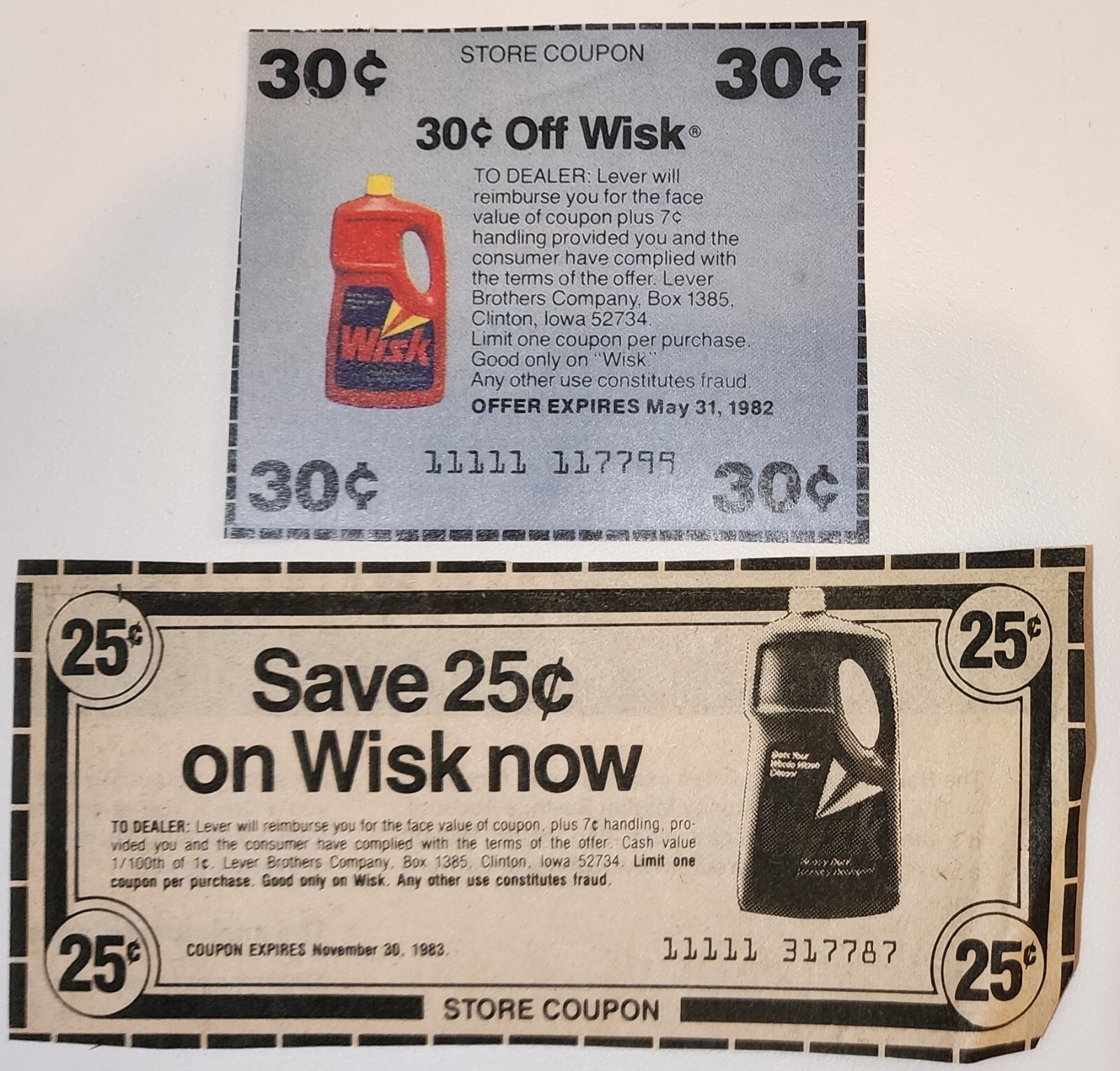 2  Vtg Wisk Laundry Liquid Detergent Circular Coupon Add  Nastalgia 1982/83 Rare