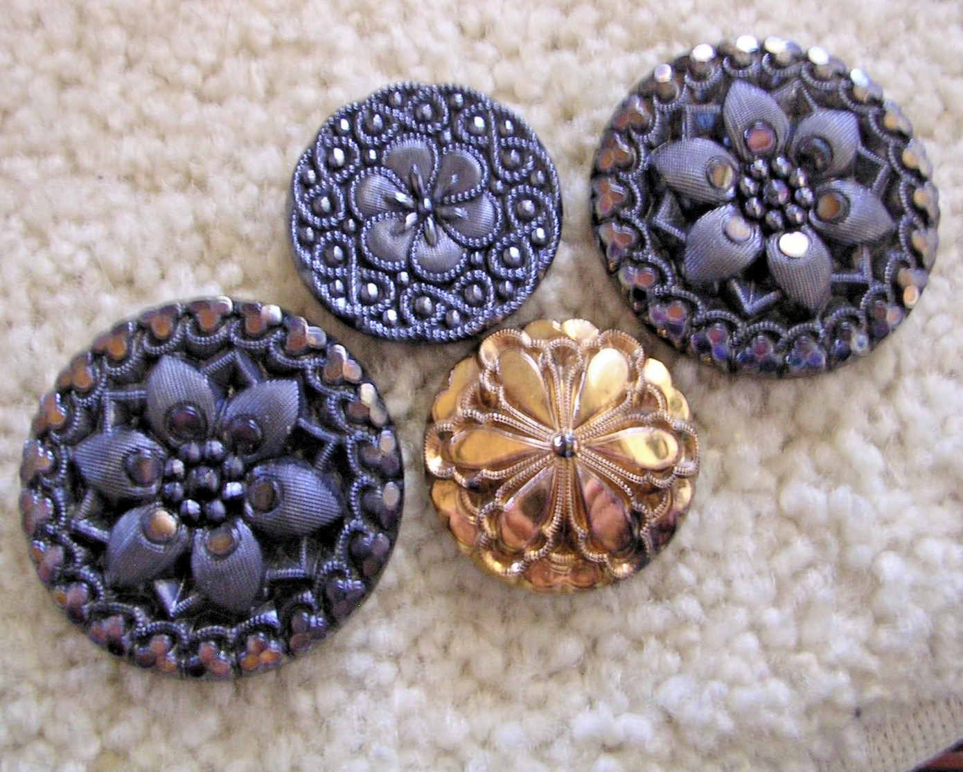 Elegant glittering black glass buttons all w/broken shanks