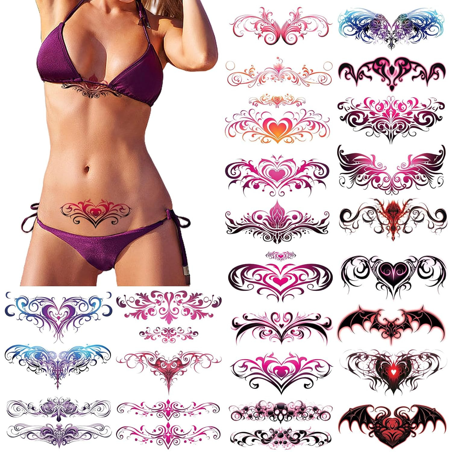 24 Sheets Sexy Belly Temporary Tattoos Black Red Heart Navel Waterproof Tattoo S
