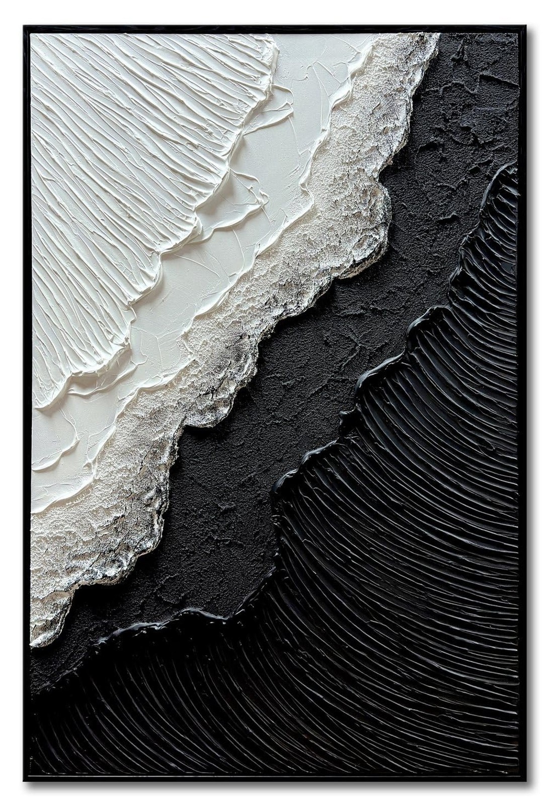 Framed Black and White Ocean Wave Wall Art, Modern Abstract Textured Painting...