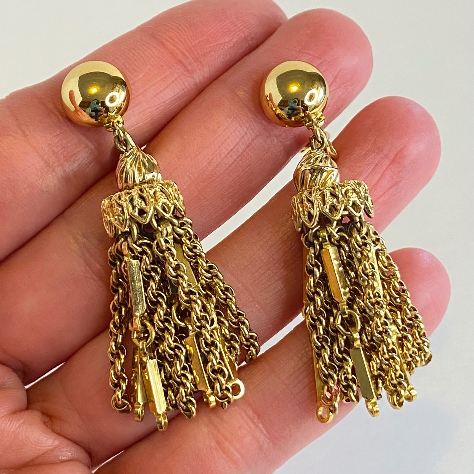Monet Damita Gold Tone Tassel Clip On Earrings Vintage Filigree Drop 2 Inch