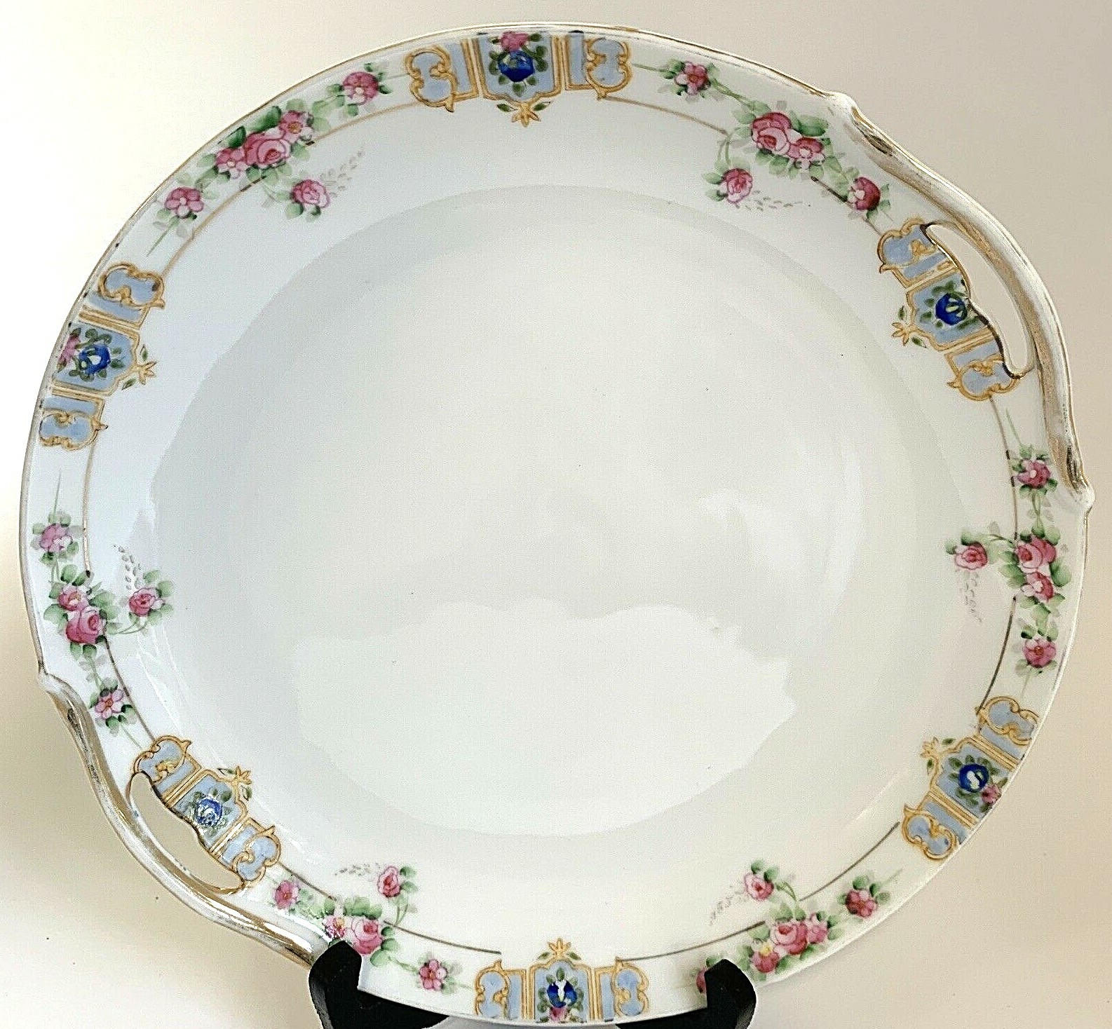 Nippon Antique Serving Plate Rising Sun Mark Roses fading Gold Trim handled 9.5"