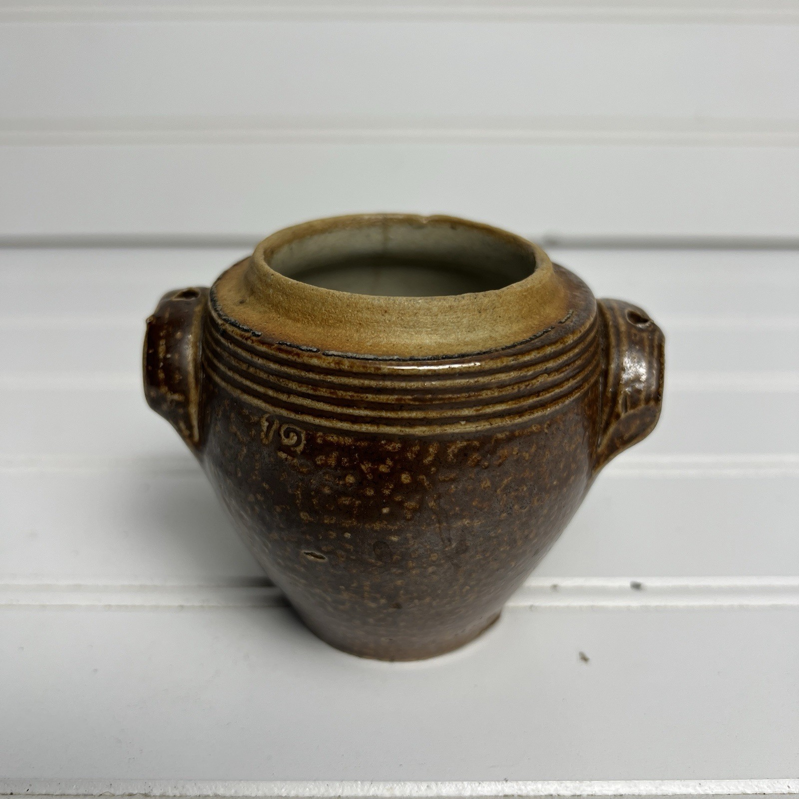 Cool Miniature Brown Glaze Pottery Crock With Handles Made in France