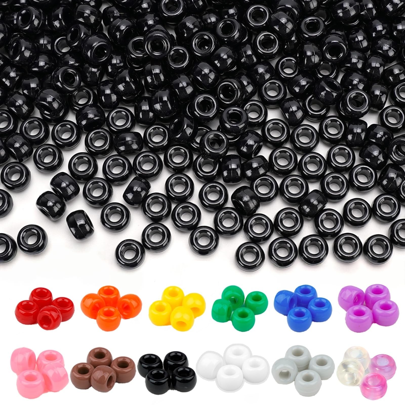 Dowsabel Black Pony Beads Bulk 1000 Pcs 6x9mm, Large Hole Kandi BLACK 