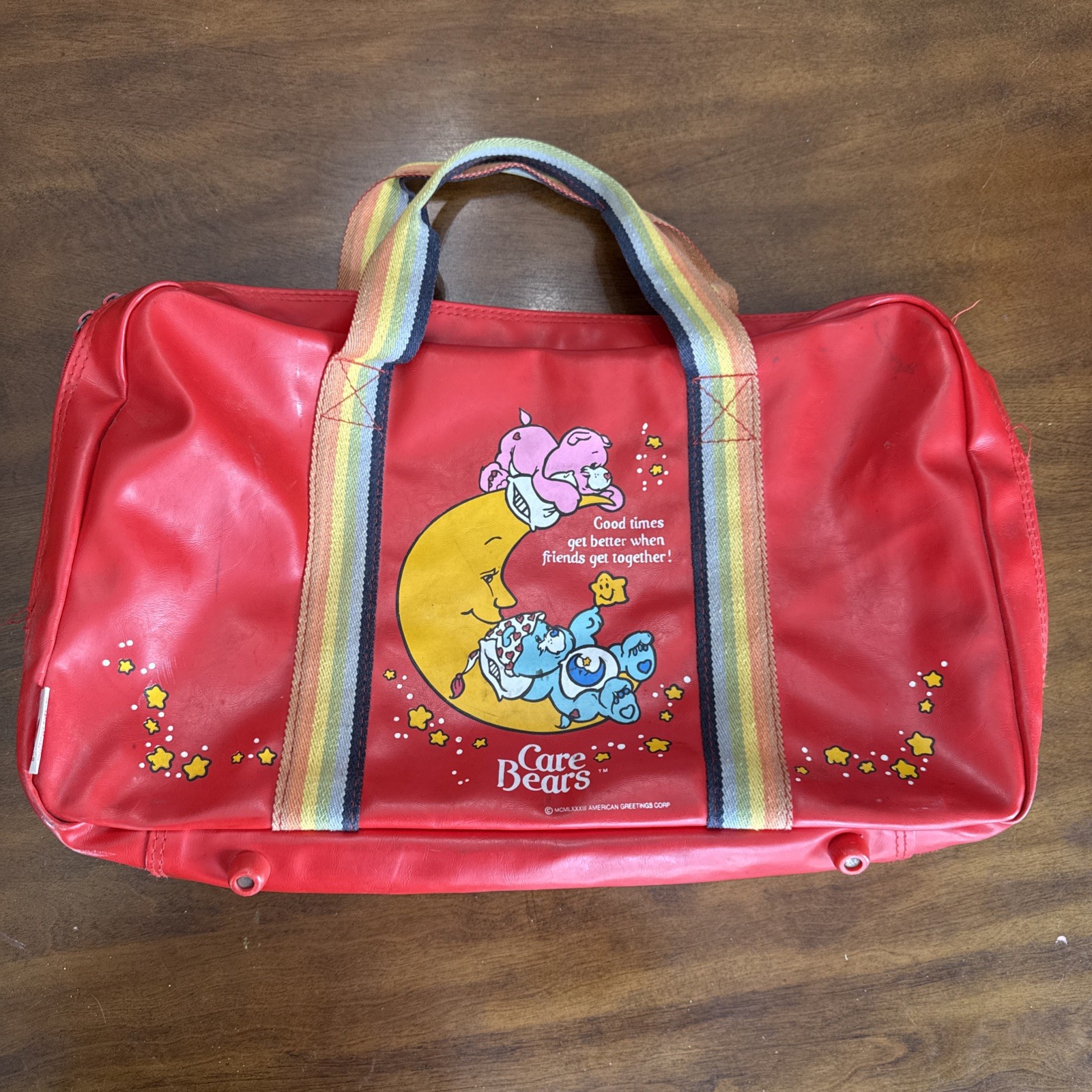 Vintage 1983 Care Bears Red Vinyl Duffel Travel Bag Rainbow Straps Moon Graphic