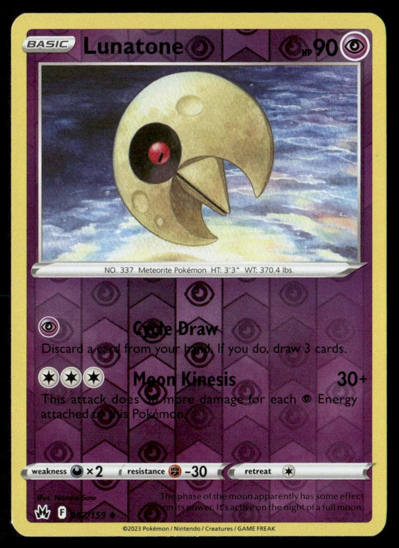 Lunatone Reverse Holofoil Uncommon Crown Zenith 062/159 NM