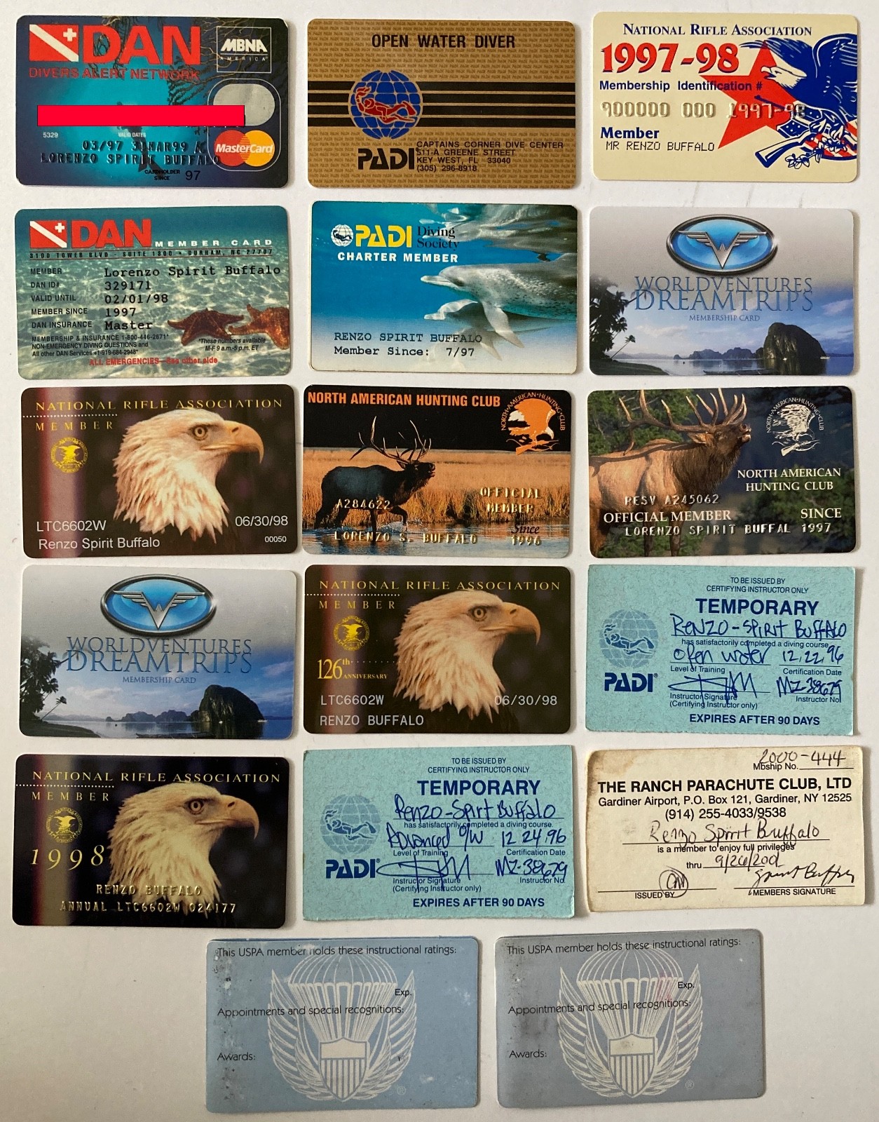 Lot of Vintage Club Member Cards: Hunting Diving Parachuting NRA PADI DAN USPA