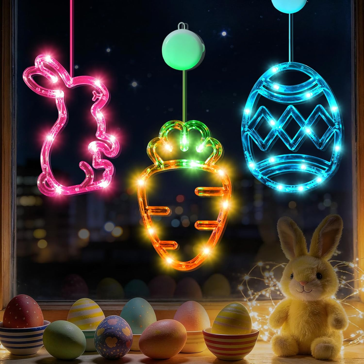 3Pack Easter Window Lights Decorations with Timer, Battery Powered Hanging Pink 