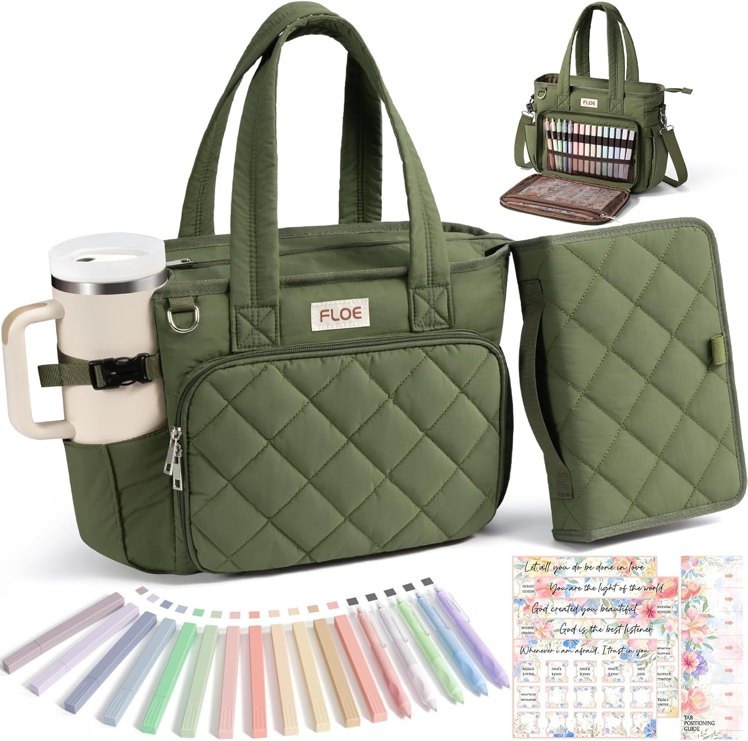 Quilted Bible Tote Bag for Women with Shoulder Strap and Accessories