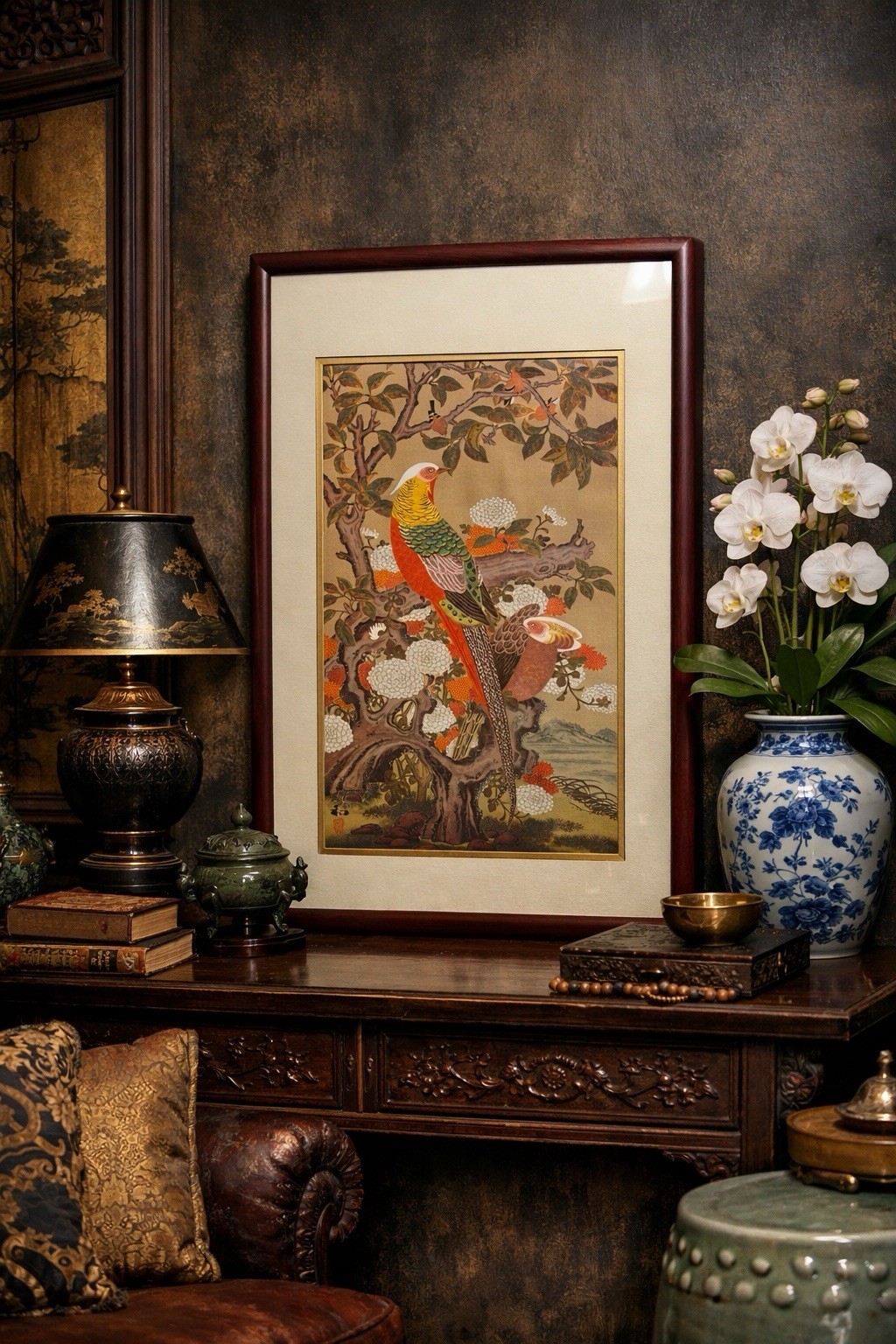 Vintage 1983 Kazuro Tozuka Golden Pheasants Silk Art Framed w COA