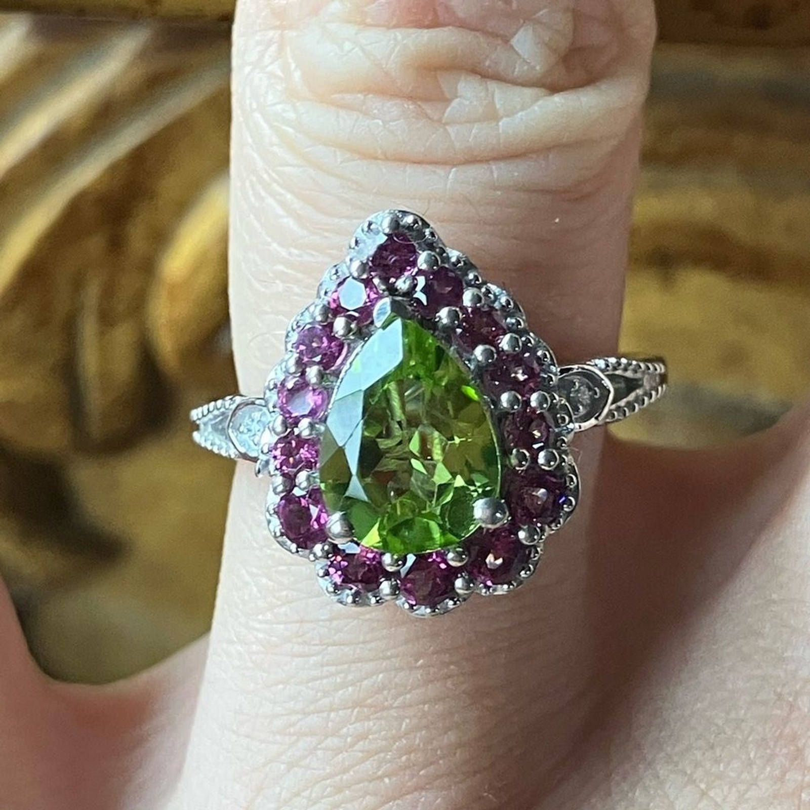 Natural Peridot Garnet Sterling Silver Ring Size 6