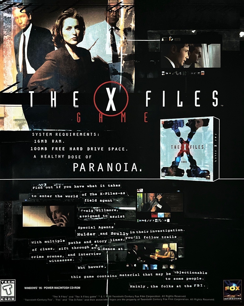 1998 X FILES GAME AD Genuine Print Ad 9" x 11" Ad only, not actual game!