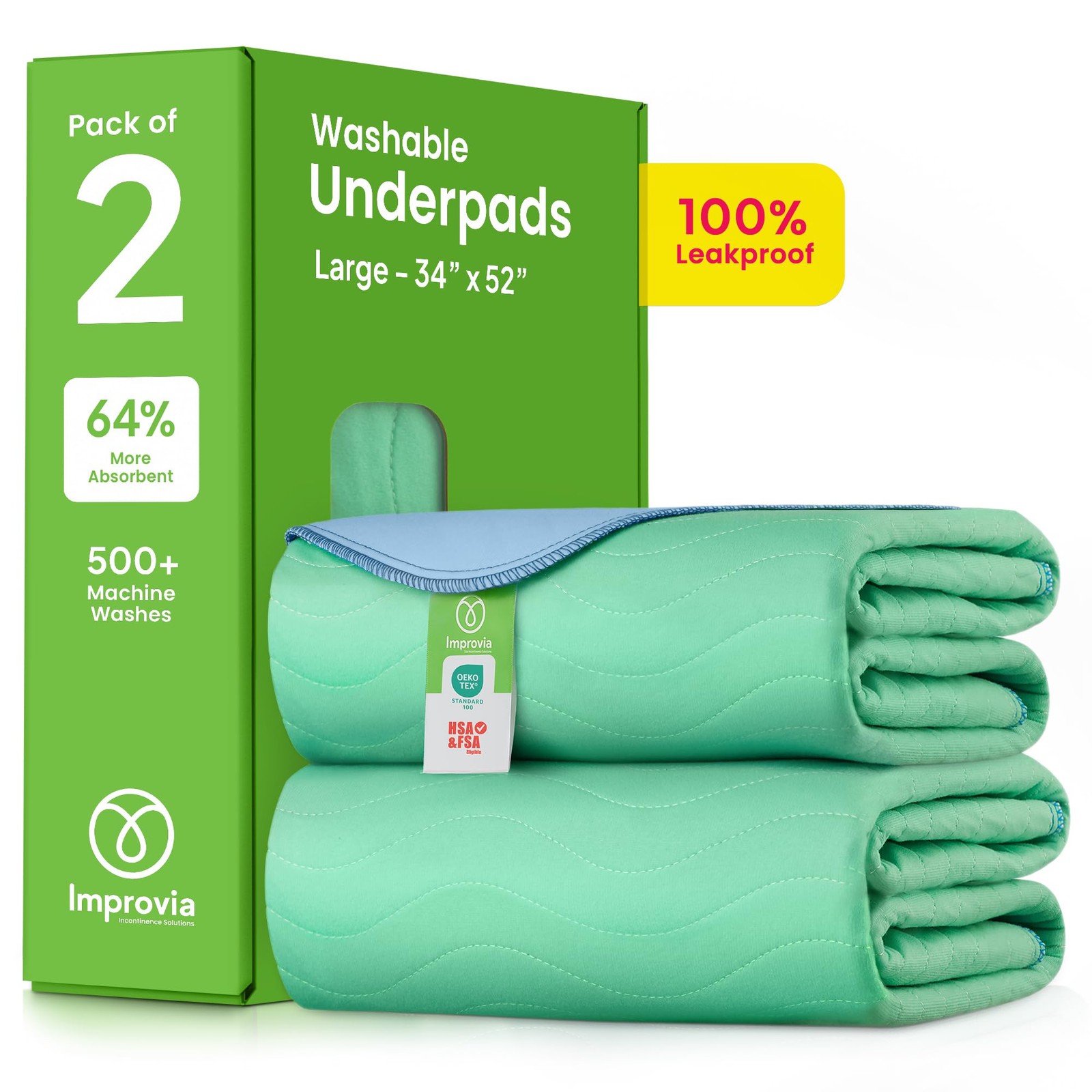 Washable Underpads 34 x52 Pack of 2 Heavy Absorbency Reusable Incontinence Pads