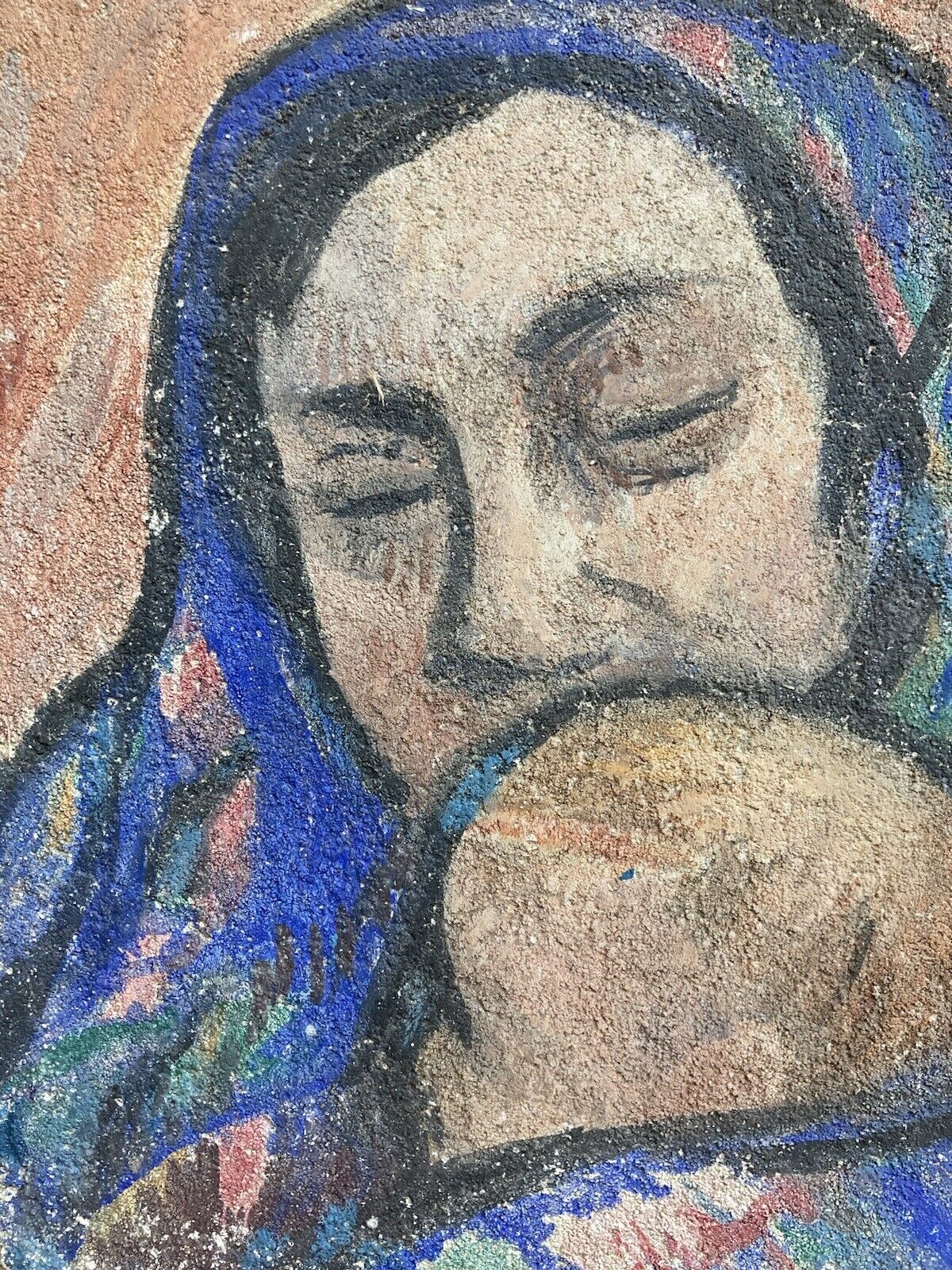 Très Belle Peinture Gouache Plâtre 1950 Femme enfant Tusquellas Miguel maman