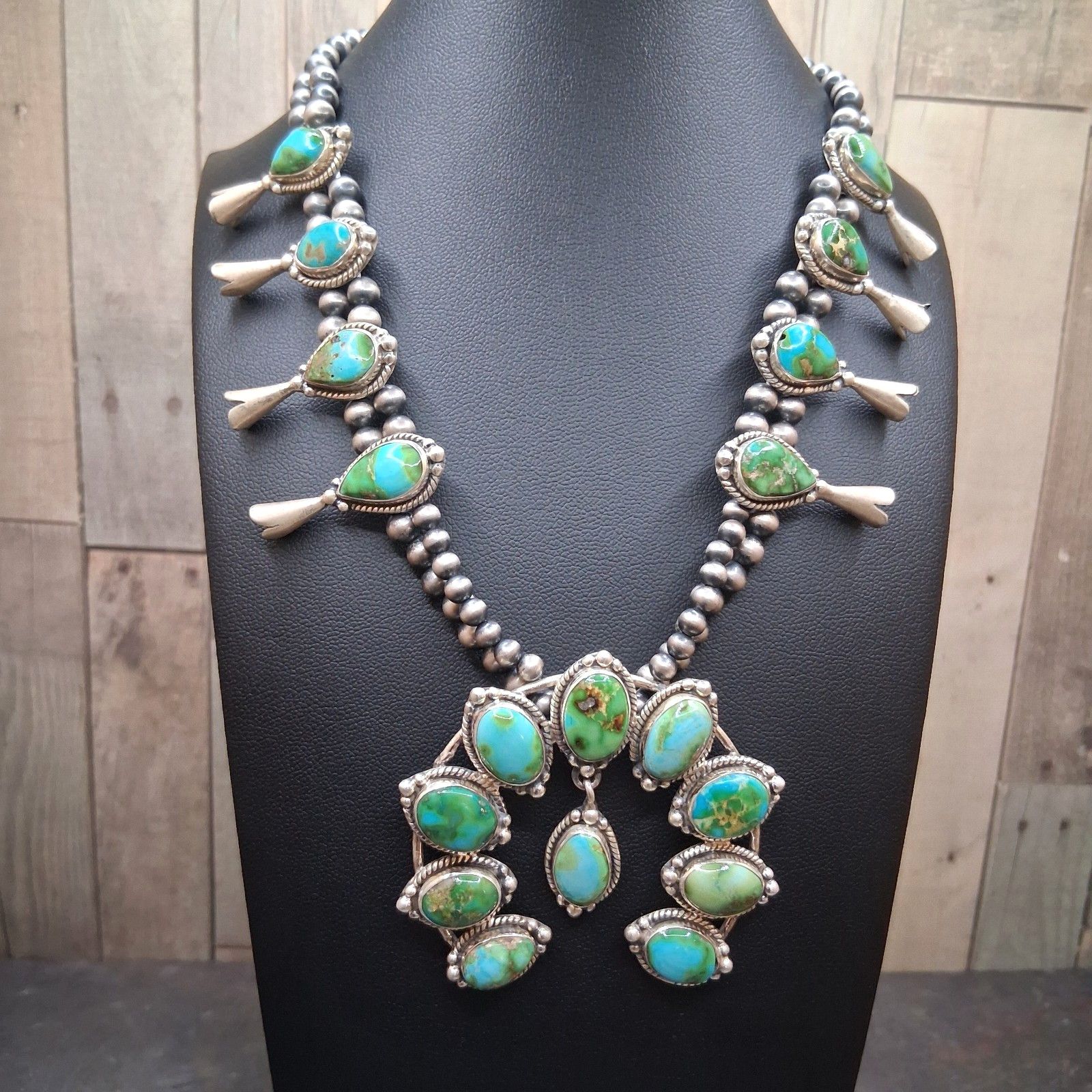 Sonoran Gold Turquoise Squash Blossom Necklace Sterling Silver Southwestern