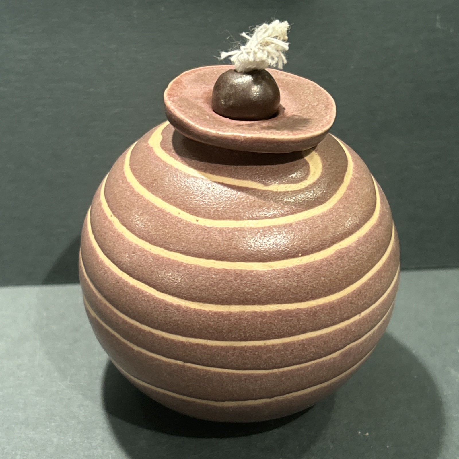 Art Pottery Round Swirl Stripe Glazed Pink Contemporary Oil Lamp Burner Signed