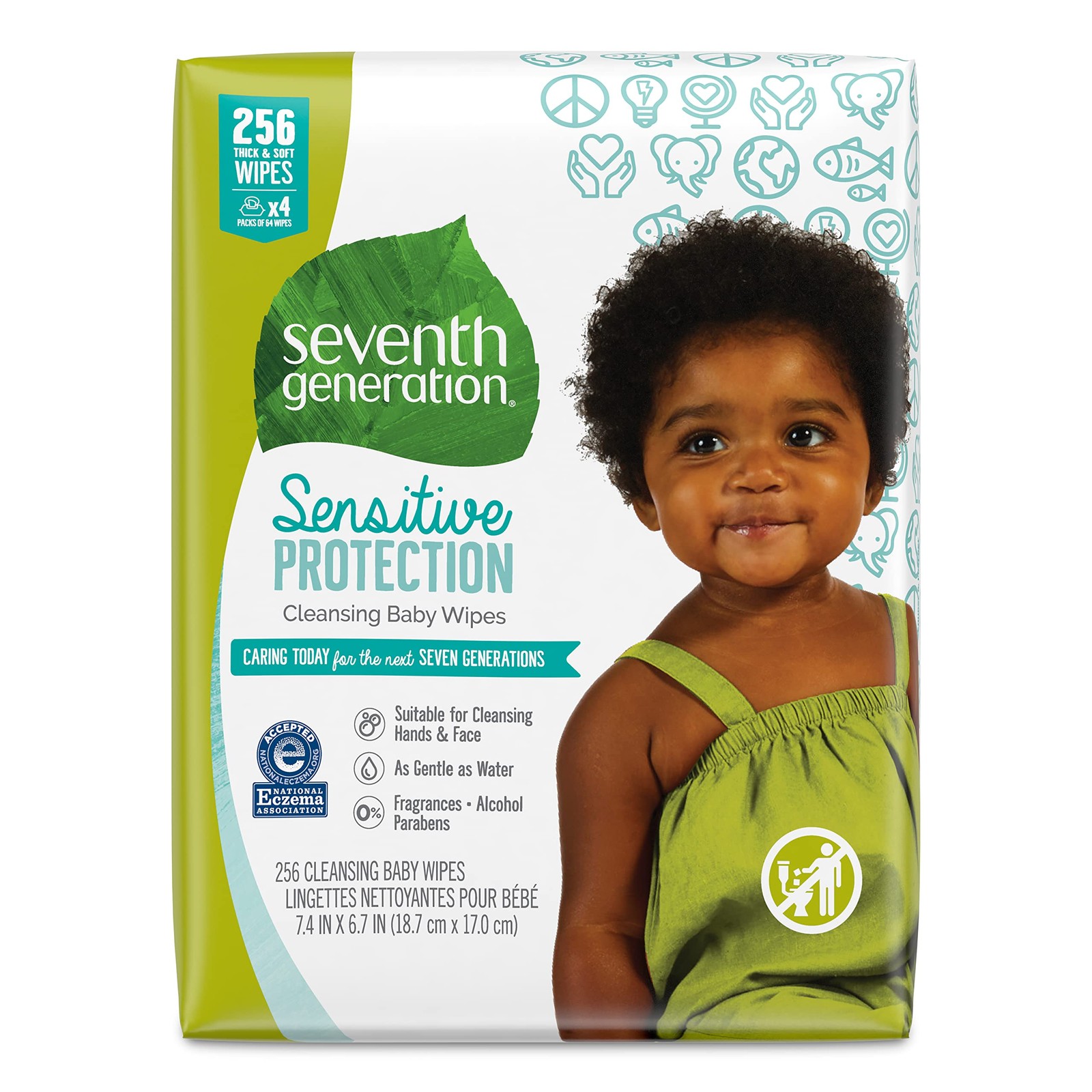 Seventh Generation, Baby Wipes, Unscented and 64 Count (Pack of 4), White 