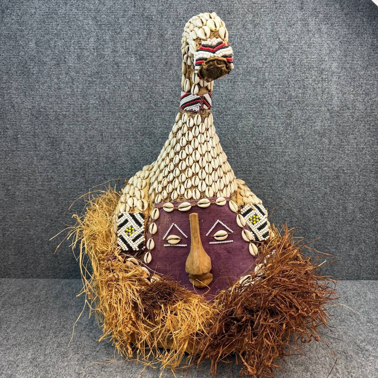 African Kuba Style Raffia Headdress Shell Beaded Tribal Hat