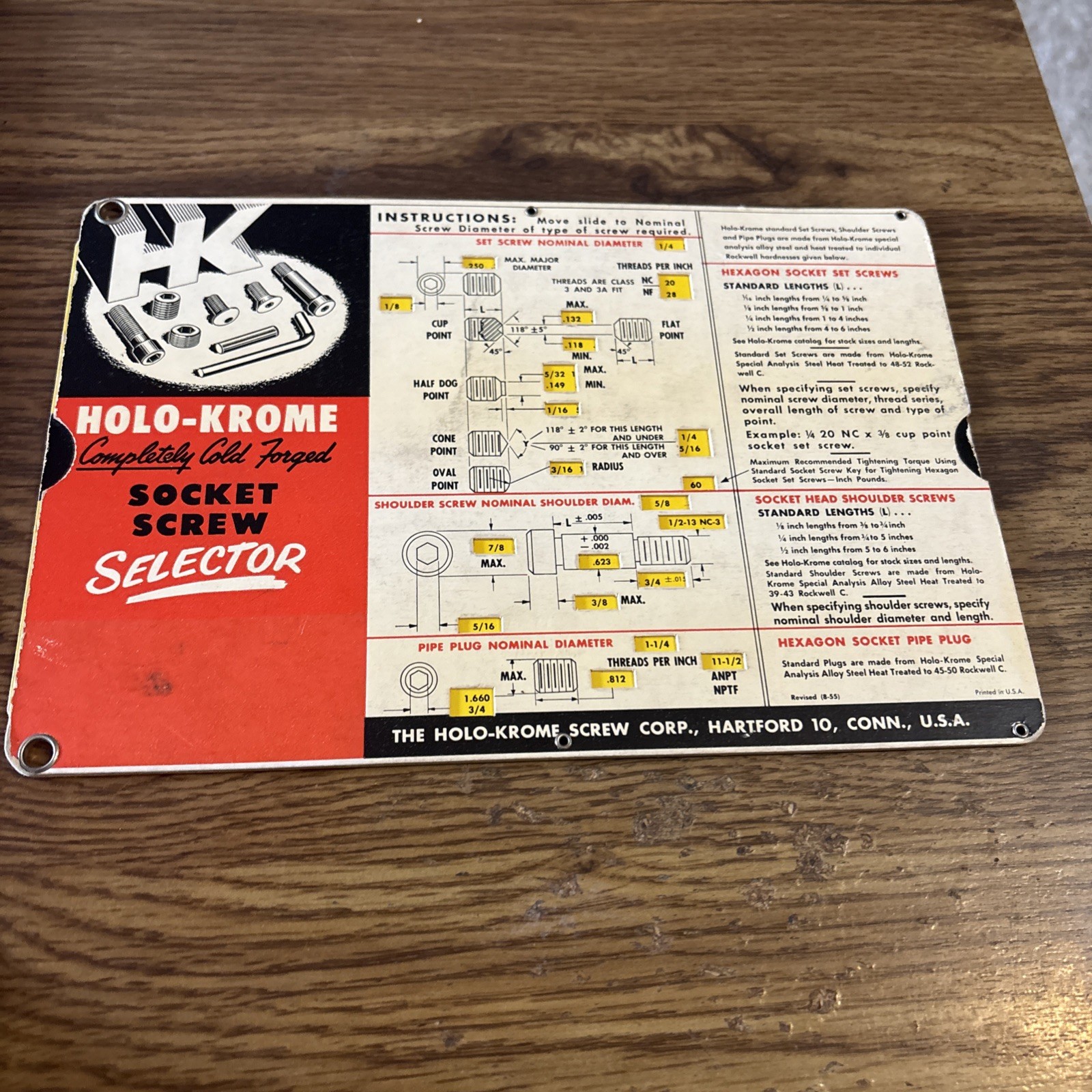 Holo-Krome Socket Screw Selector Slide Rule 1955 Hartford Conn USA