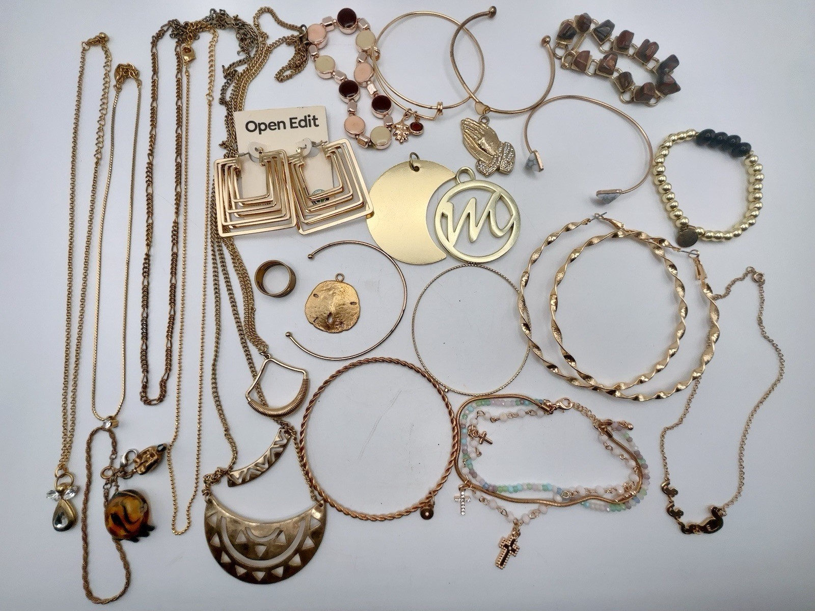 Jewelry Lot Gold Tone Necklaces Chains Pendant Hoop Earrings Cross Anklet