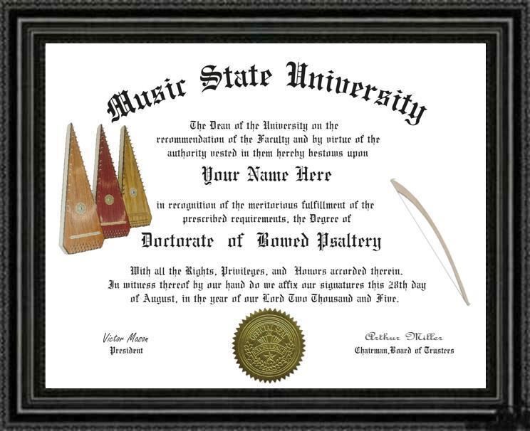 Bowed Psaltery Lover's Doctorate Diploma / Degree Custom made & Designed for You