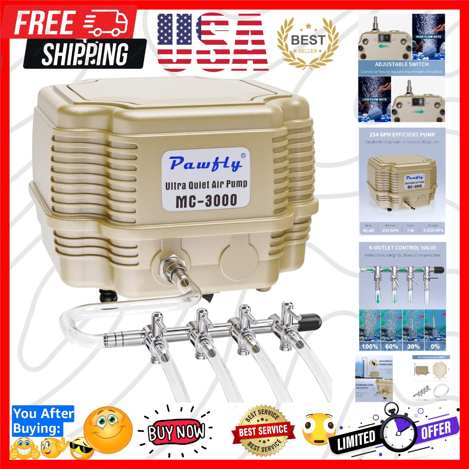 254 GPH Aquarium Air Pump Adjustable Quiet Oxygen Aerator Pump with Multi-Por...