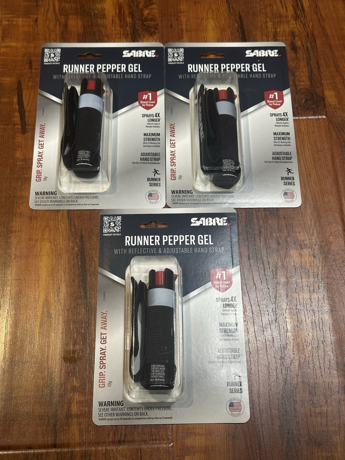 Lot of (3) Sabre Pepper Gel UV Spray 19g with Reflective Hand Strap For Runners