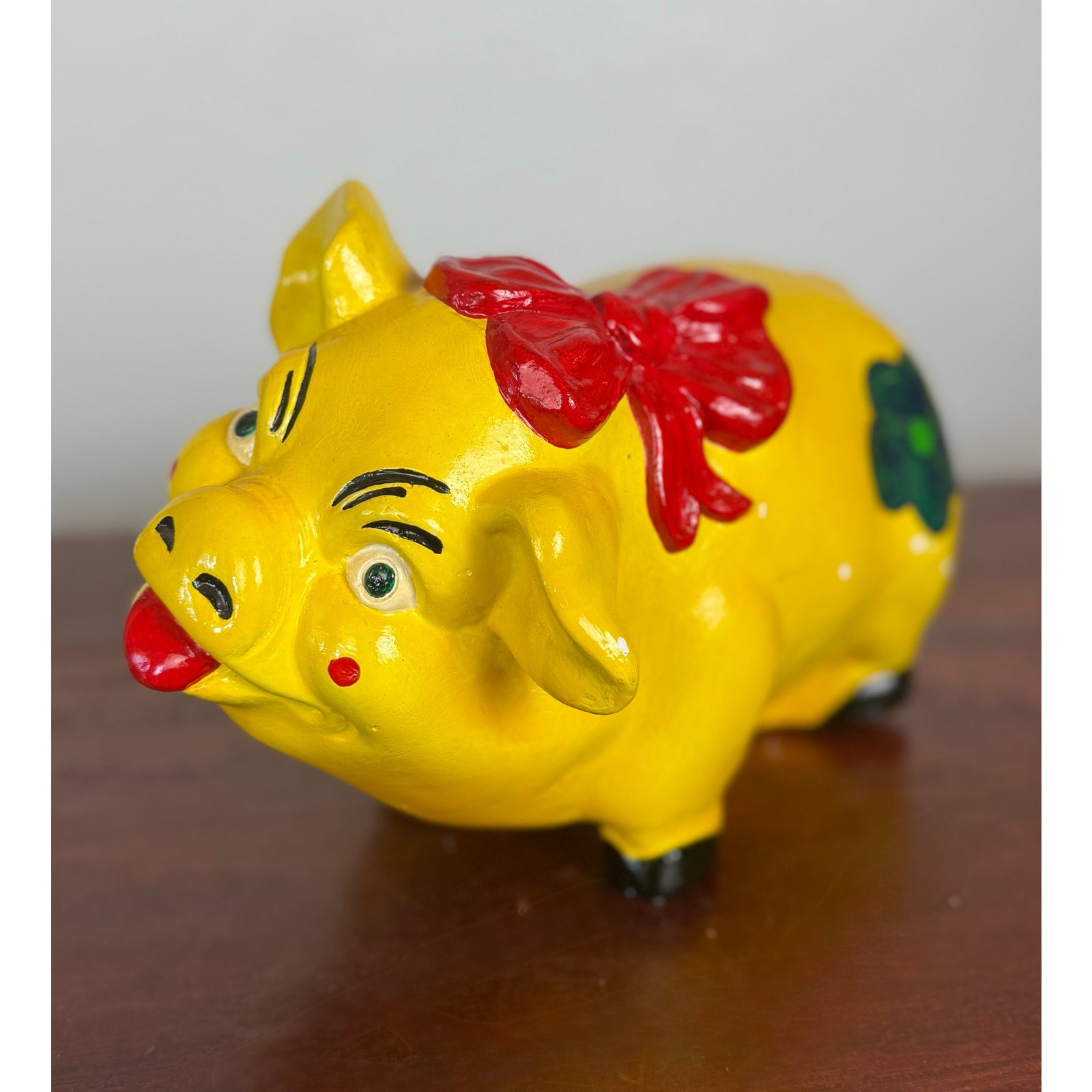 Vintage Yellow Ceramic Piggy Bank With Red Bow Coin Bank Decor