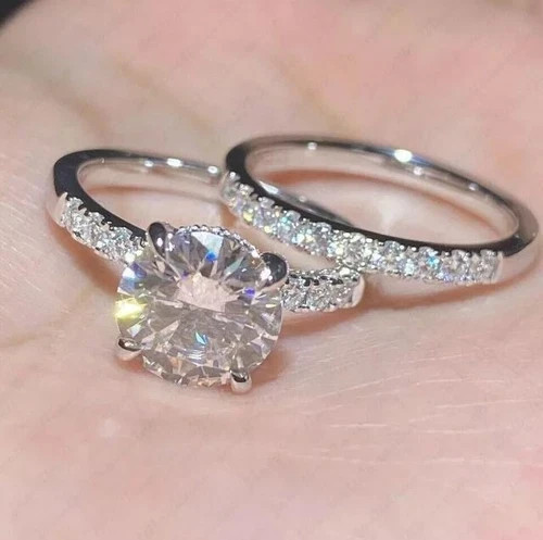 2Ct Round Cut Lab Created Diamond 14K White Gold FN Pretty Engagement Ring Set