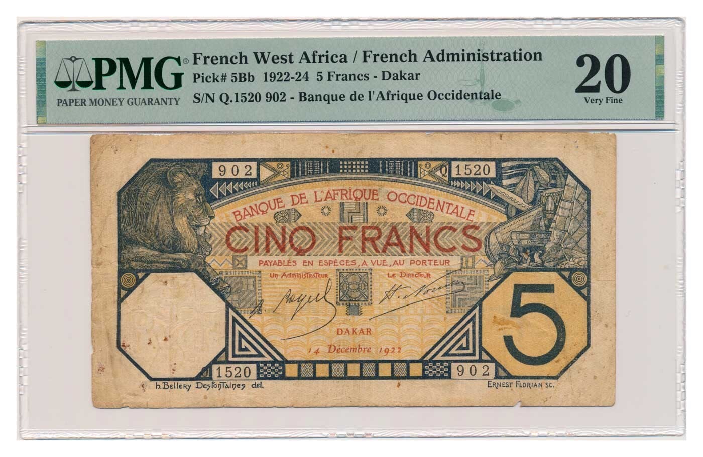 FRENCH WEST AFRICA banknote 5 Francs 1922 Dakar PMG VF 20