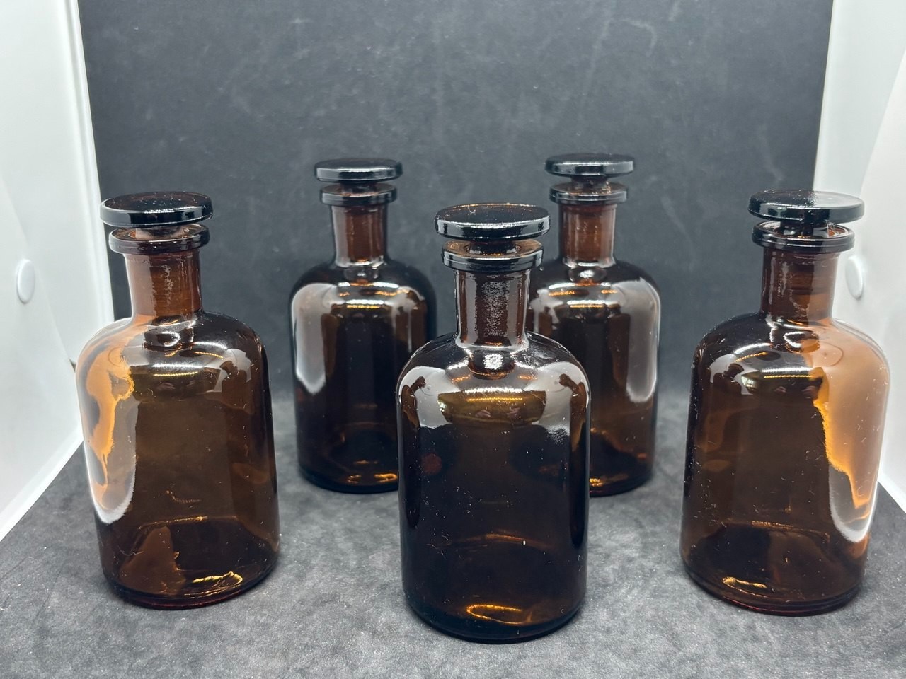 Lot of 5 Old Soviet Pharmacy 100 ml. Bottle of Dark Glass with Lid