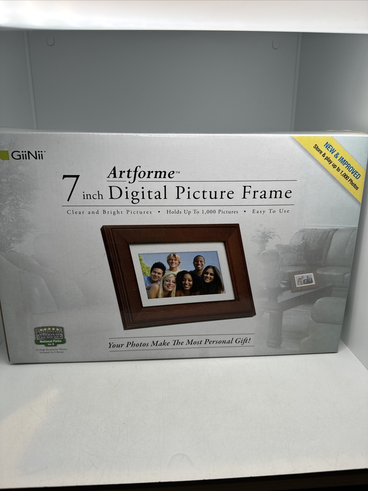 GiiNii 7-Inch Artforme Digital Picture Wood Frame 1000 Pictures GN-705W NIB